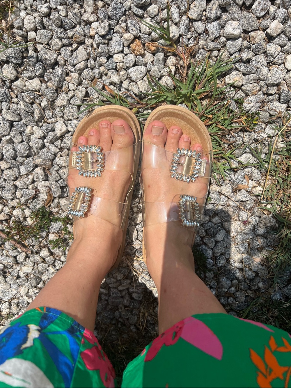 Clear Gem Buckle Slide Sandals - Nude Footbed